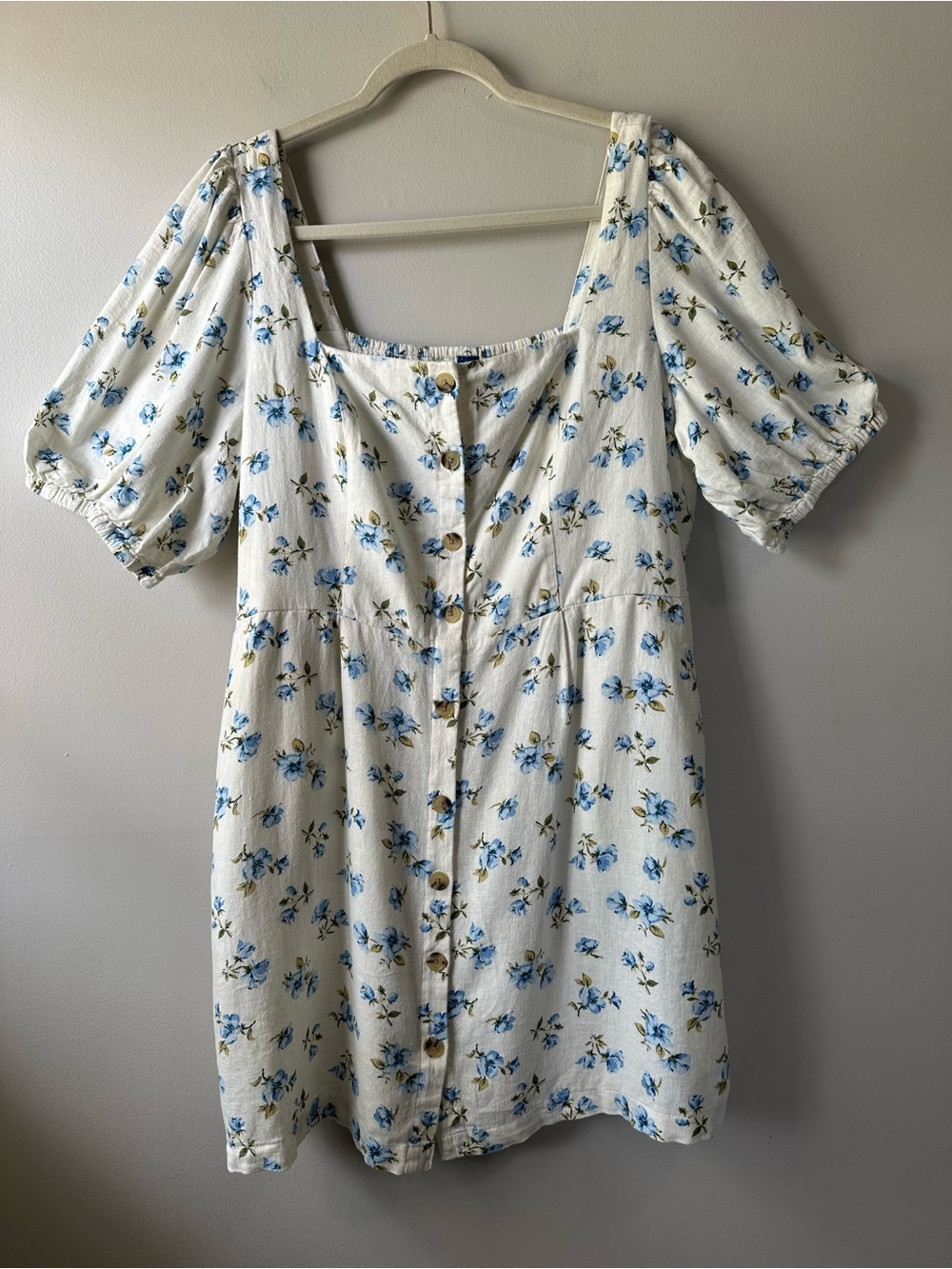 Old Navy Blue and White Floral Button-Front Puff Sleeve Dress Sz XL Cottagecore